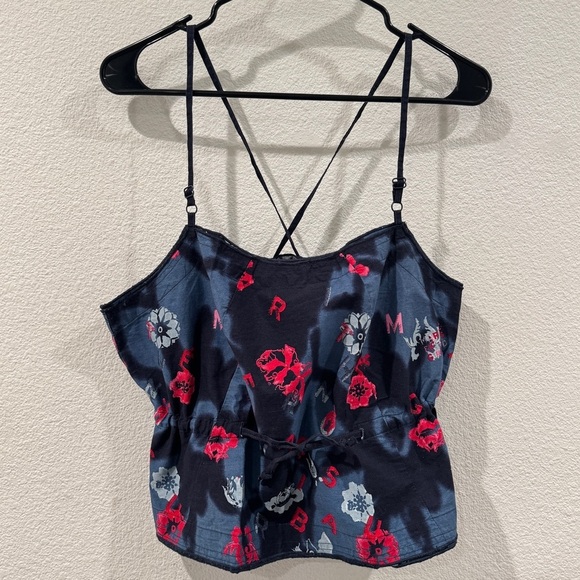 Marithe Francois Girbaud 100% Cotton Floral Blue Red Cropped Sleeveless Tank L - Picture 1 of 12